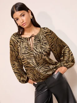 - Long Sleeve Bubble Hem Tie Neck Blouse*Friends Like These Outlet