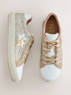 Goud - Forever Comfort® Glitter Star Detail Baseball Lace Up Trainers*Next Online