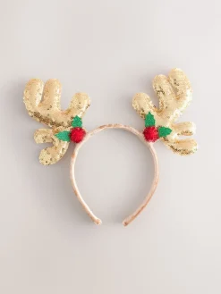 Goudkleurig - Kersthoofdband met rendier en pailletten*Next Clearance