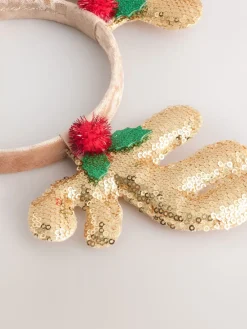 Goudkleurig - Kersthoofdband met rendier en pailletten*Next Clearance