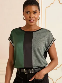 Green and Black Embellished Cuff Satin Front - Satin Front V-Neck Short Sleeve Top*Love & Roses Hot