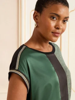 Green and Black Embellished Cuff Satin Front - Satin Front V-Neck Short Sleeve Top*Love & Roses Hot
