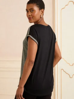 Green and Black Embellished Cuff Satin Front - Satin Front V-Neck Short Sleeve Top*Love & Roses Hot