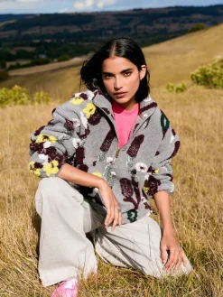 Grey Floral Jacquard - Floral Jaquarded Borg Half Zip Neck Fleece Sweatshirt*Next New