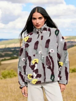 Grey Floral Jacquard - Floral Jaquarded Borg Half Zip Neck Fleece Sweatshirt*Next New