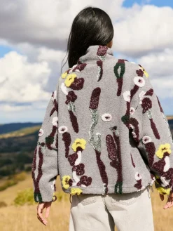 Grey Floral Jacquard - Floral Jaquarded Borg Half Zip Neck Fleece Sweatshirt*Next New