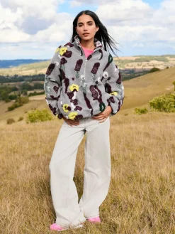 Grey Floral Jacquard - Floral Jaquarded Borg Half Zip Neck Fleece Sweatshirt*Next New