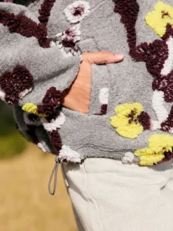 Grey Floral Jacquard - Floral Jaquarded Borg Half Zip Neck Fleece Sweatshirt*Next New