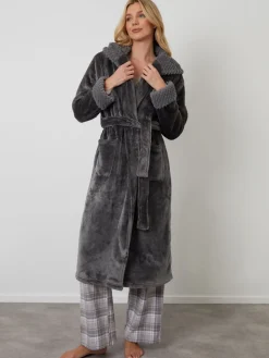 Grijs - - Knusse kamerjas met rand van imitatiebont*Threadbare Best