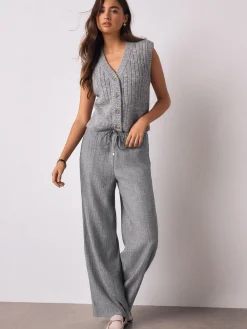 Grijs - Tie Waist Wide Leg Trousers with Wool*Next Online