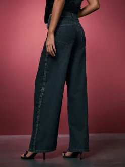 Grijs - Washed Black Embellished Studded High Rise Palazzo Wide Leg Jeans*Next Best