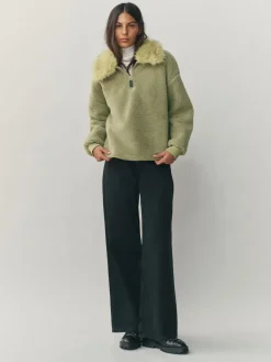 Grijs-groen - Borg Quarter Zip Fleece with Fur Collar*Next Discount