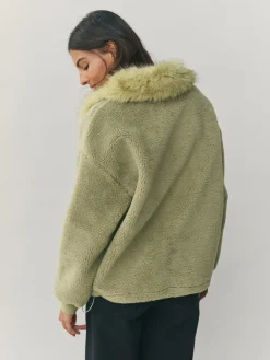 Grijs-groen - Borg Quarter Zip Fleece with Fur Collar*Next Discount