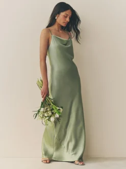 Grijs-groen - Lange satijnen Maxi-jurk met watervalhals voor bruiloftsgasten*Next New