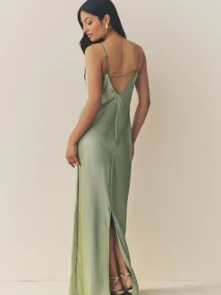 Grijs-groen - Lange satijnen Maxi-jurk met watervalhals voor bruiloftsgasten*Next New