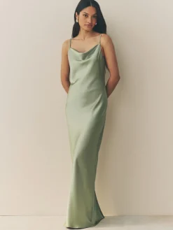 Grijs-groen - Lange satijnen Maxi-jurk met watervalhals voor bruiloftsgasten*Next New