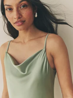 Grijs-groen - Lange satijnen Maxi-jurk met watervalhals voor bruiloftsgasten*Next New