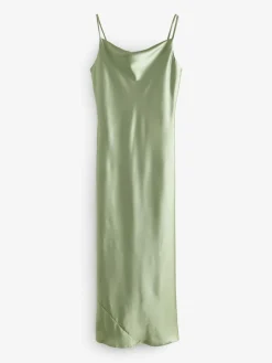 Grijs-groen - Lange satijnen Maxi-jurk met watervalhals voor bruiloftsgasten*Next New