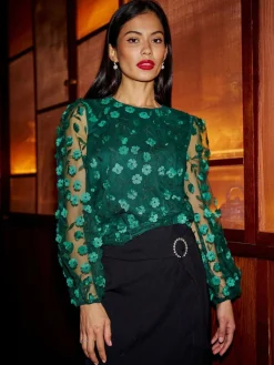 - Sheer Sleeve Appliqué Flower Top*Yumi Clearance