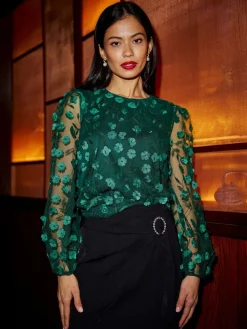 - Sheer Sleeve Appliqué Flower Top*Yumi Clearance