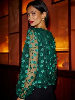 - Sheer Sleeve Appliqué Flower Top*Yumi Clearance