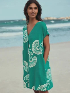 - Mini Short Sleeve V-Neck Kaftan Dress with Linen*Next Hot