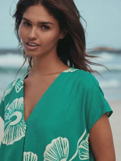 - Mini Short Sleeve V-Neck Kaftan Dress with Linen*Next Hot