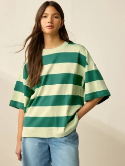 Groen Eenkleurig - Boxy oversized T-shirt met relaxte pasvorm van zware stof en ronde hals*Next Clearance