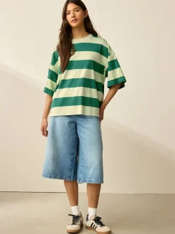 Groen Eenkleurig - Boxy oversized T-shirt met relaxte pasvorm van zware stof en ronde hals*Next Clearance