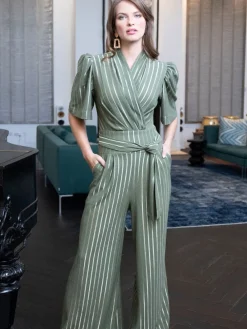 groene jumpsuits met wijde pijpen en gouden strepen*Hot Squash Discount