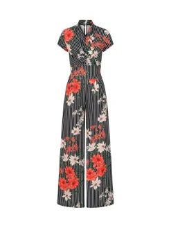 HotSquash - Zwarte gebloemde jumpsuit met krijtstreep en wijde pijpen*Hot Squash Clearance