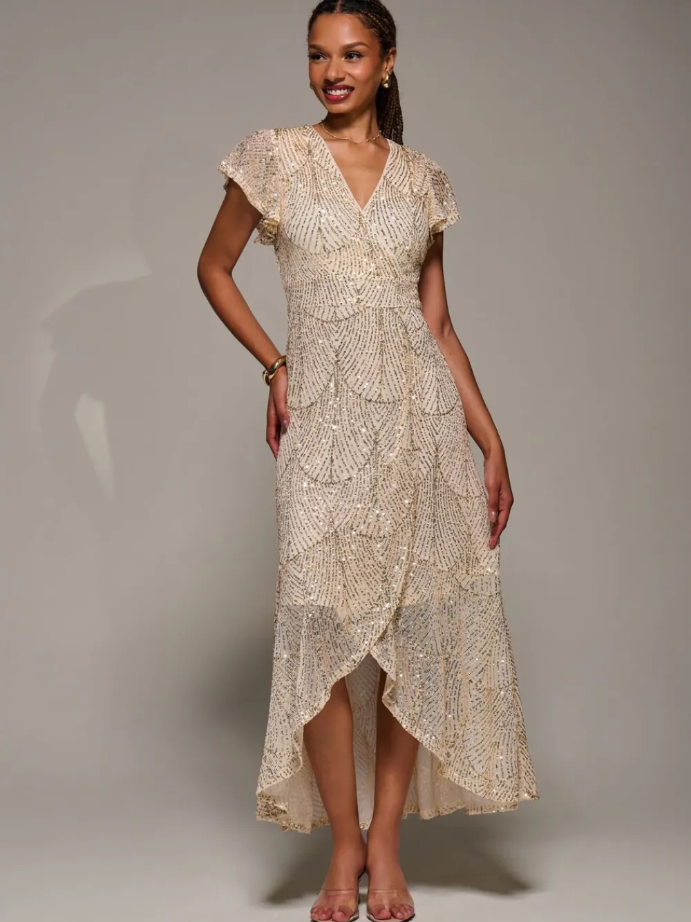 Frill Short Sleeve Sequin Maxi Dress*Jolie Moi Outlet