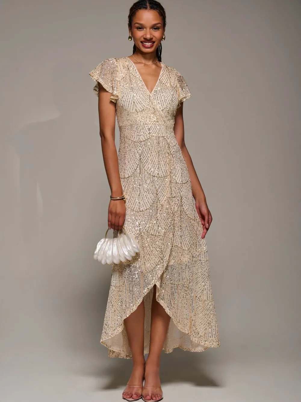 Frill Short Sleeve Sequin Maxi Dress*Jolie Moi Outlet