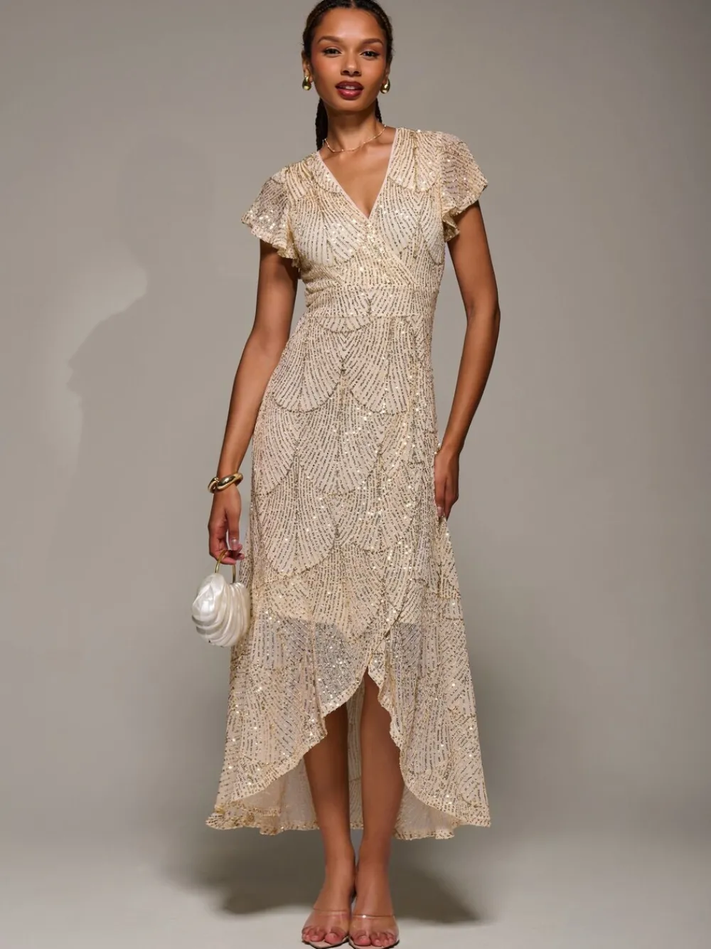 Frill Short Sleeve Sequin Maxi Dress*Jolie Moi Outlet