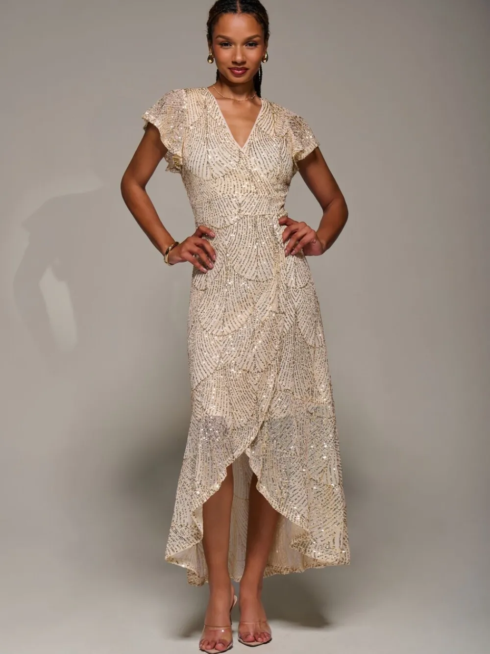 Frill Short Sleeve Sequin Maxi Dress*Jolie Moi Outlet