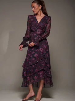 Long Sleeve Ruffle Hem Mesh Maxi Dress*Jolie Moi Online