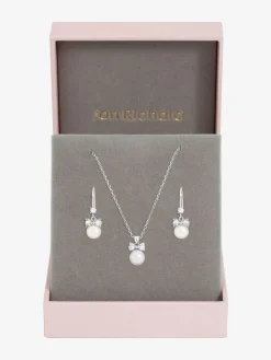 Rhodium Plated Crystal Bow and Pearl Drop Set Gift Box*Jon Richard Discount