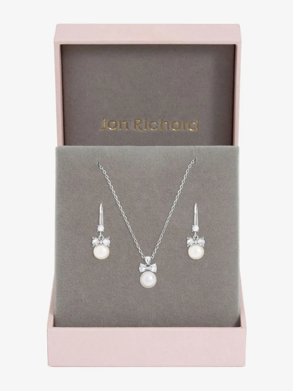 Rhodium Plated Crystal Bow and Pearl Drop Set Gift Box*Jon Richard Discount