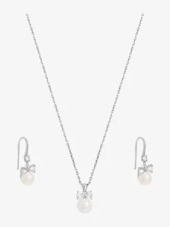 Rhodium Plated Crystal Bow and Pearl Drop Set Gift Box*Jon Richard Discount