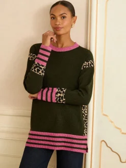 Kakigroen Animal zijstreep - behaaglijke trui met ronde hals*Love & Roses New