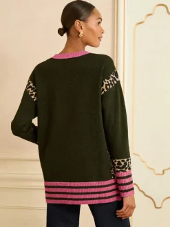 Kakigroen Animal zijstreep - behaaglijke trui met ronde hals*Love & Roses New