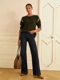 Kakigroen Animal zijstreep - behaaglijke trui met ronde hals*Love & Roses New