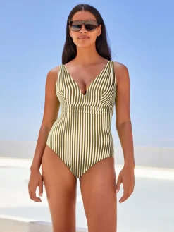 Kakigroen/ecru gestreept - Diepuitgesneden vormgevend buikcorrigerend badpak*Next New