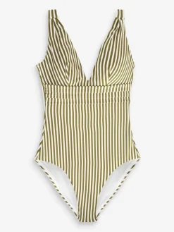 Kakigroen/ecru gestreept - Diepuitgesneden vormgevend buikcorrigerend badpak*Next New