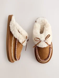 Kastanjebruin - Stitch Suede Faux Fur Lined Mule Slippers*Next Sale