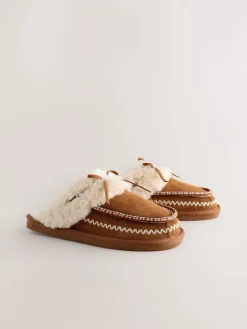 Kastanjebruin - Stitch Suede Faux Fur Lined Mule Slippers*Next Sale