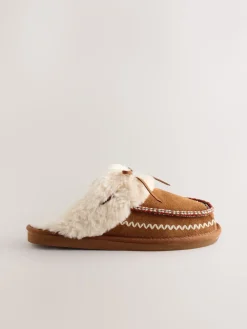 Kastanjebruin - Stitch Suede Faux Fur Lined Mule Slippers*Next Sale