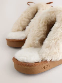 Kastanjebruin - Stitch Suede Faux Fur Lined Mule Slippers*Next Sale