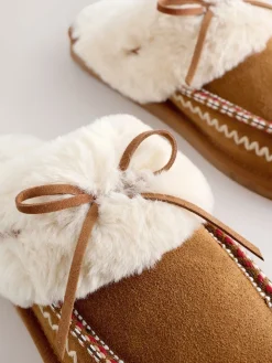 Kastanjebruin - Stitch Suede Faux Fur Lined Mule Slippers*Next Sale