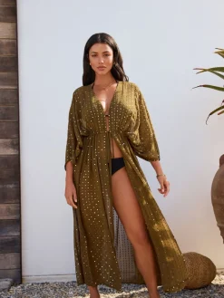 Khaki Green with Gold Sequins - Tie Waist Maxi Cover-Up*Next Outlet